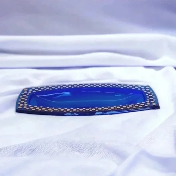 Vintage cobalt blue and gold rectangular dish bowl - Picture 2 of 4